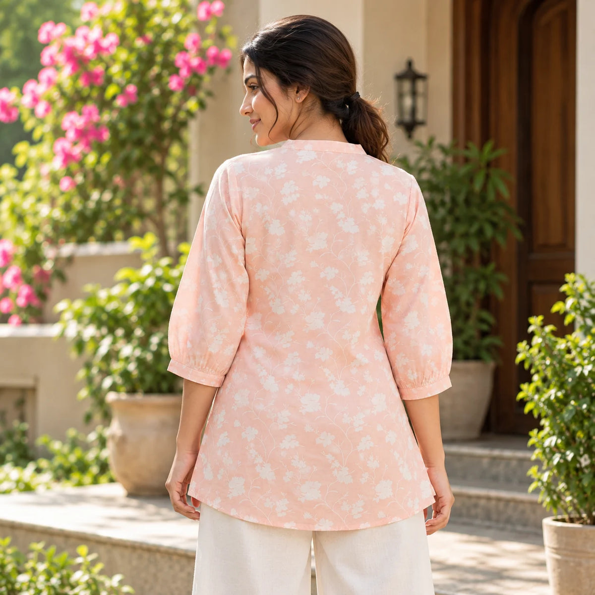Peach Floral Pure Bamboo Silk Short Kurti for Women