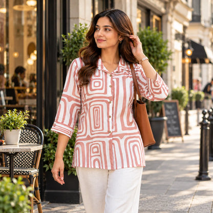 Dusty Rose Geometric Print Poly Rayon Short Kurti for Women