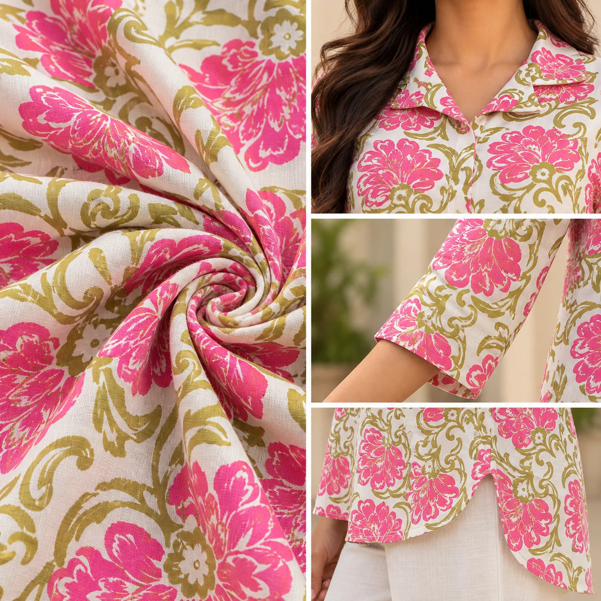 Pink Floral Printed Poly Rayon High-Low Short Kurti for Women