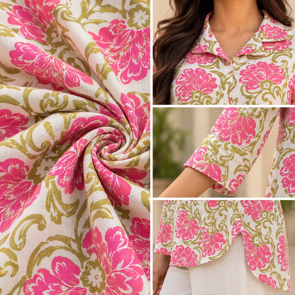 Pink Floral Printed Poly Rayon High-Low Short Kurti for Women