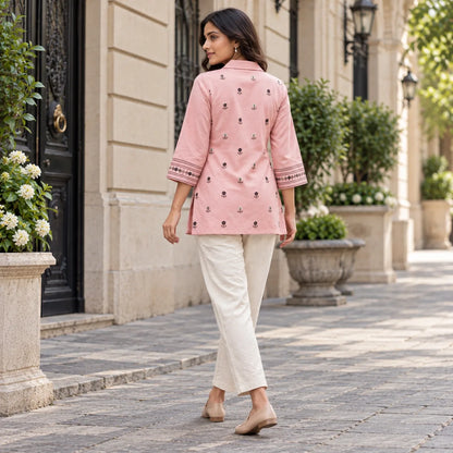 Dusty Pink Shimmer Rayon Embroidered Short Kurti for Women