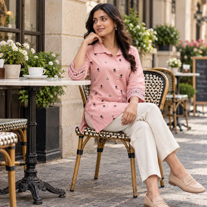 Dusty Pink Shimmer Rayon Embroidered Short Kurti for Women