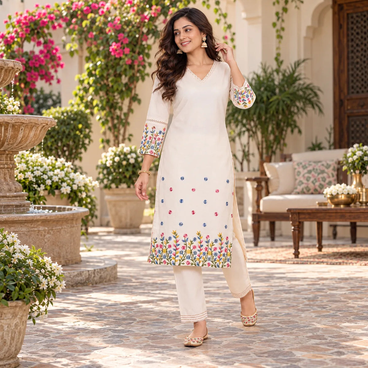 Ivory Floral Embroidered Flex Cotton Co-ord Set for Women
