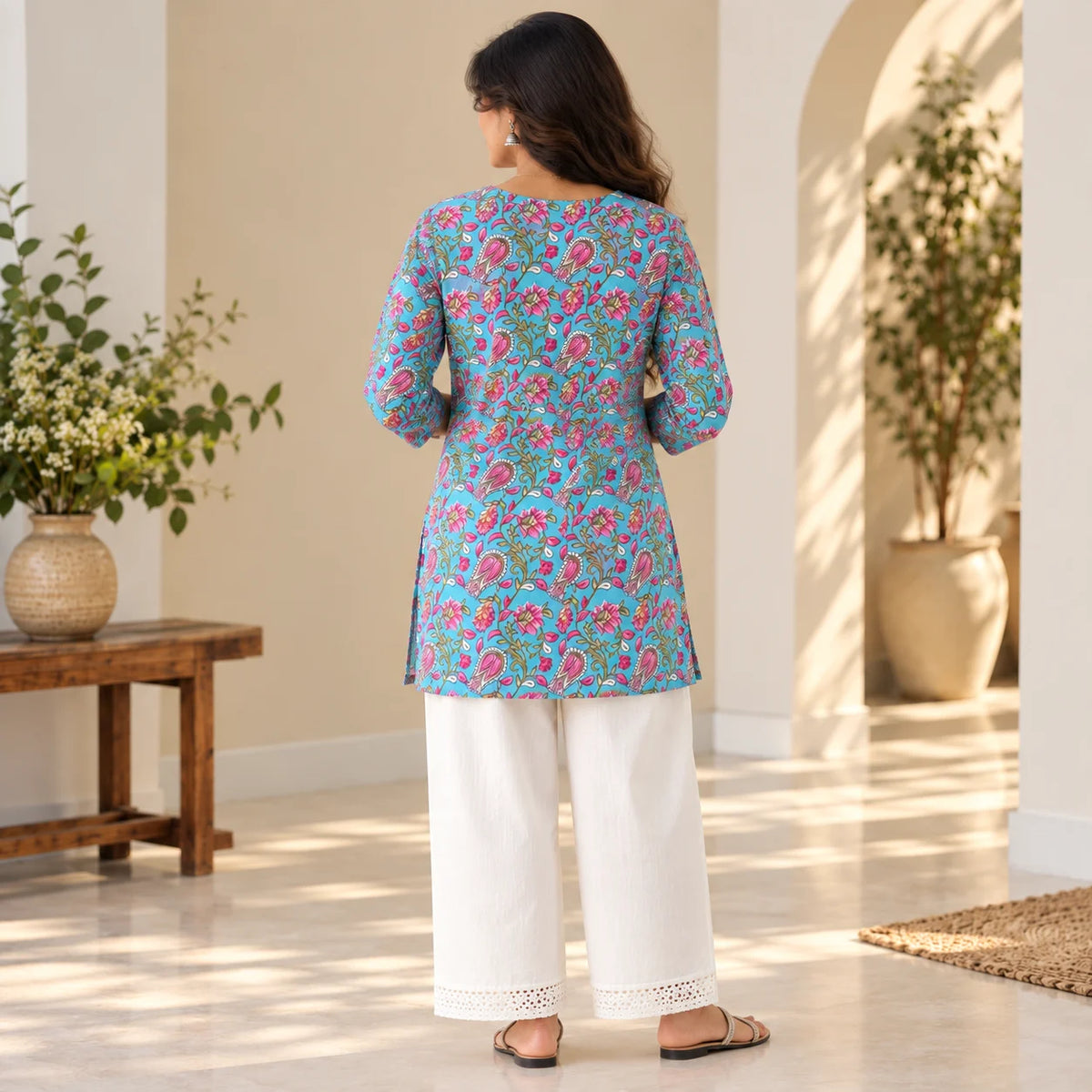 Aqua Bloom Printed Short Kurti for Women
