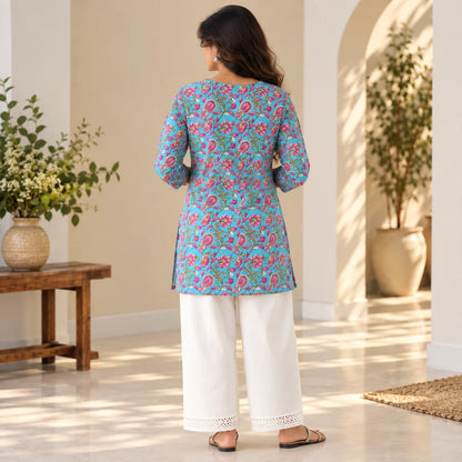 Aqua Bloom Printed Short Kurti for Women