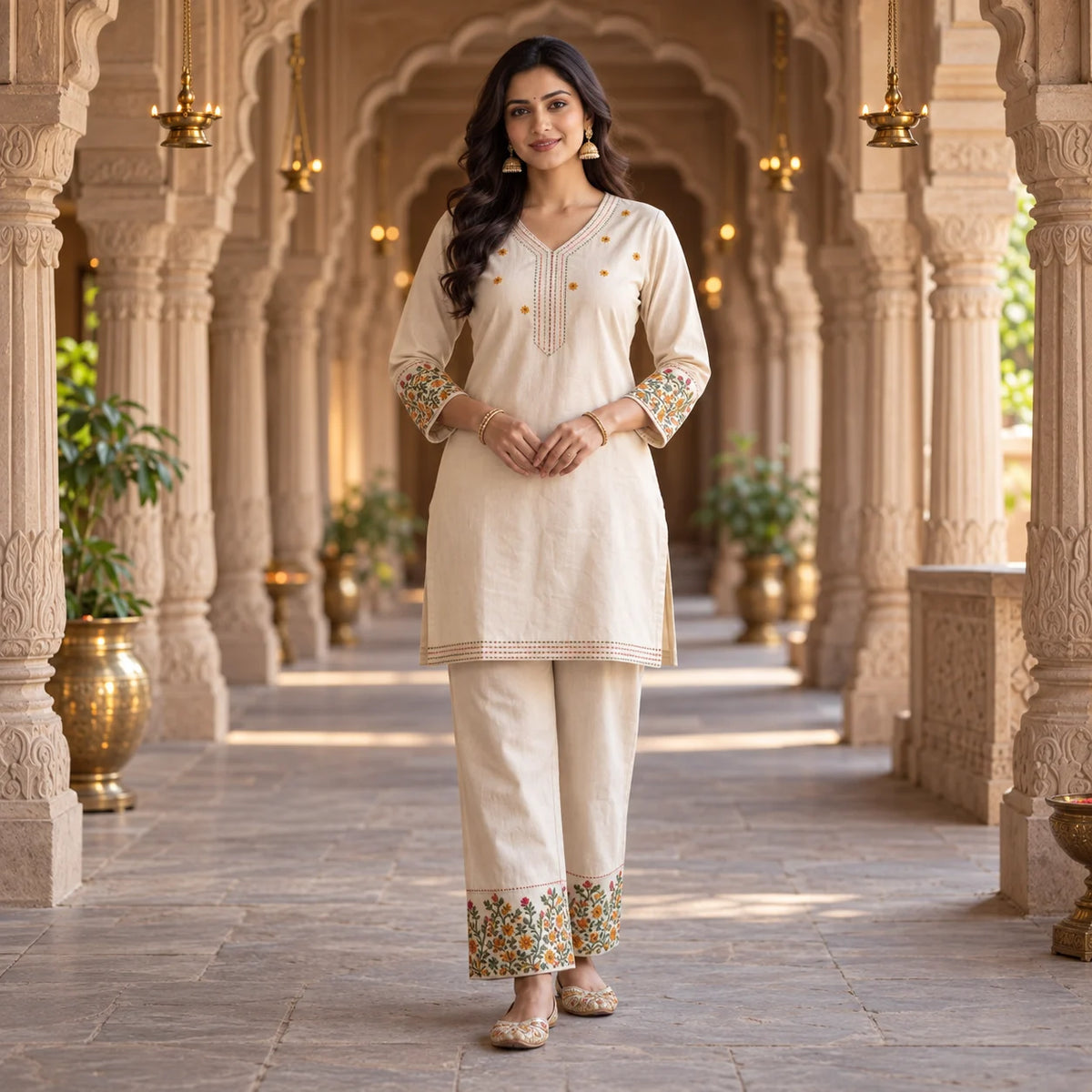 Ivory Khadi Cotton Embroidered Kurti & Palazzo Co-ord Set for Women