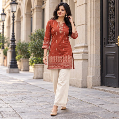Rust Dabu Print Cotton Short Kurti for Women
