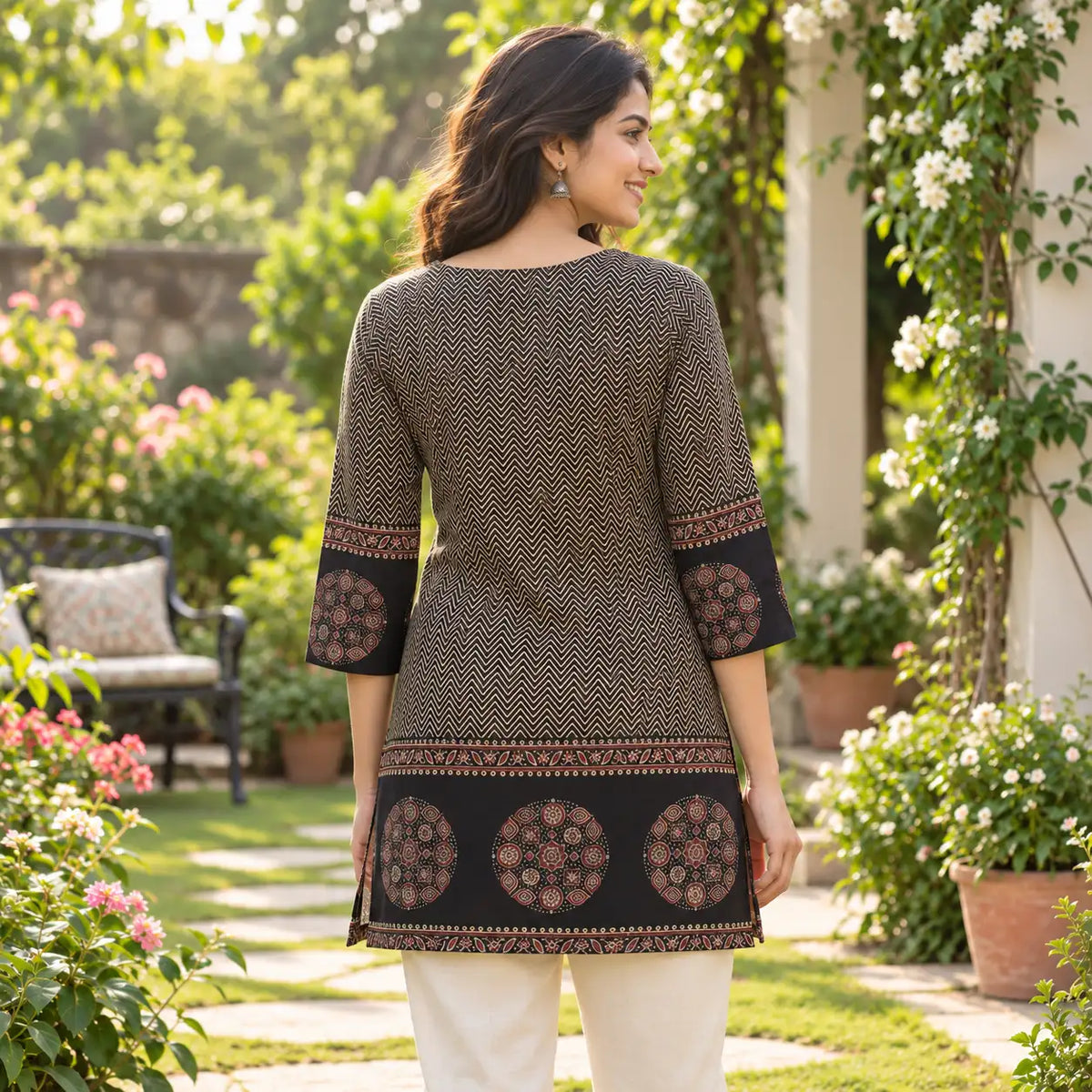 Black Chevron Printed Short Kurti for Women