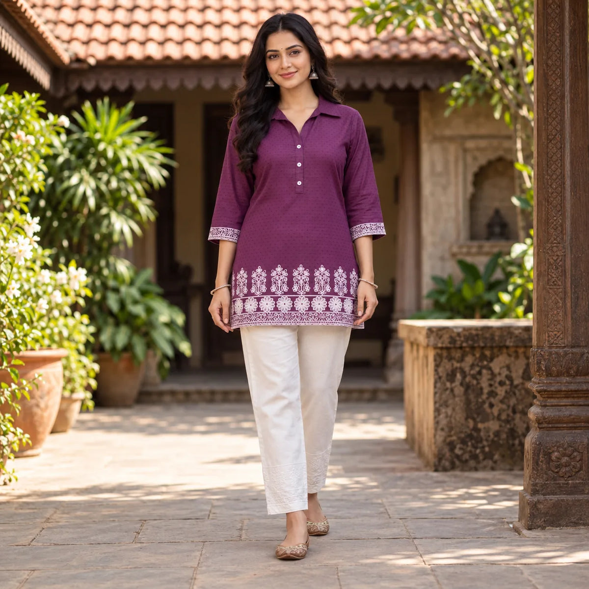 Plum Purple Handloom Cotton Embroidered Short Kurti for Women