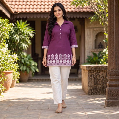 Plum Purple Handloom Cotton Embroidered Short Kurti for Women
