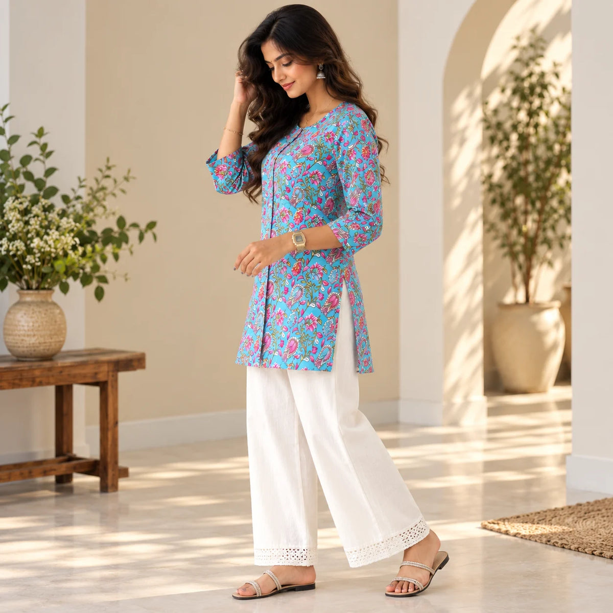 Aqua Bloom Printed Short Kurti for Women