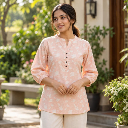 Peach Floral Pure Bamboo Silk Short Kurti for Women