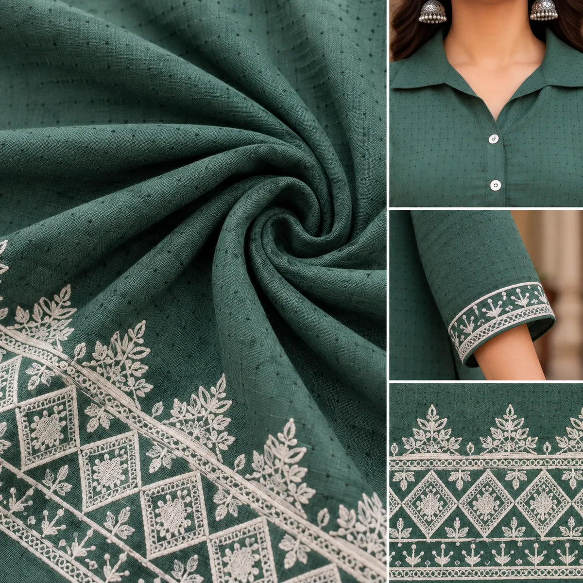 Forest Green Handloom Cotton Embroidered Short Kurti for Women