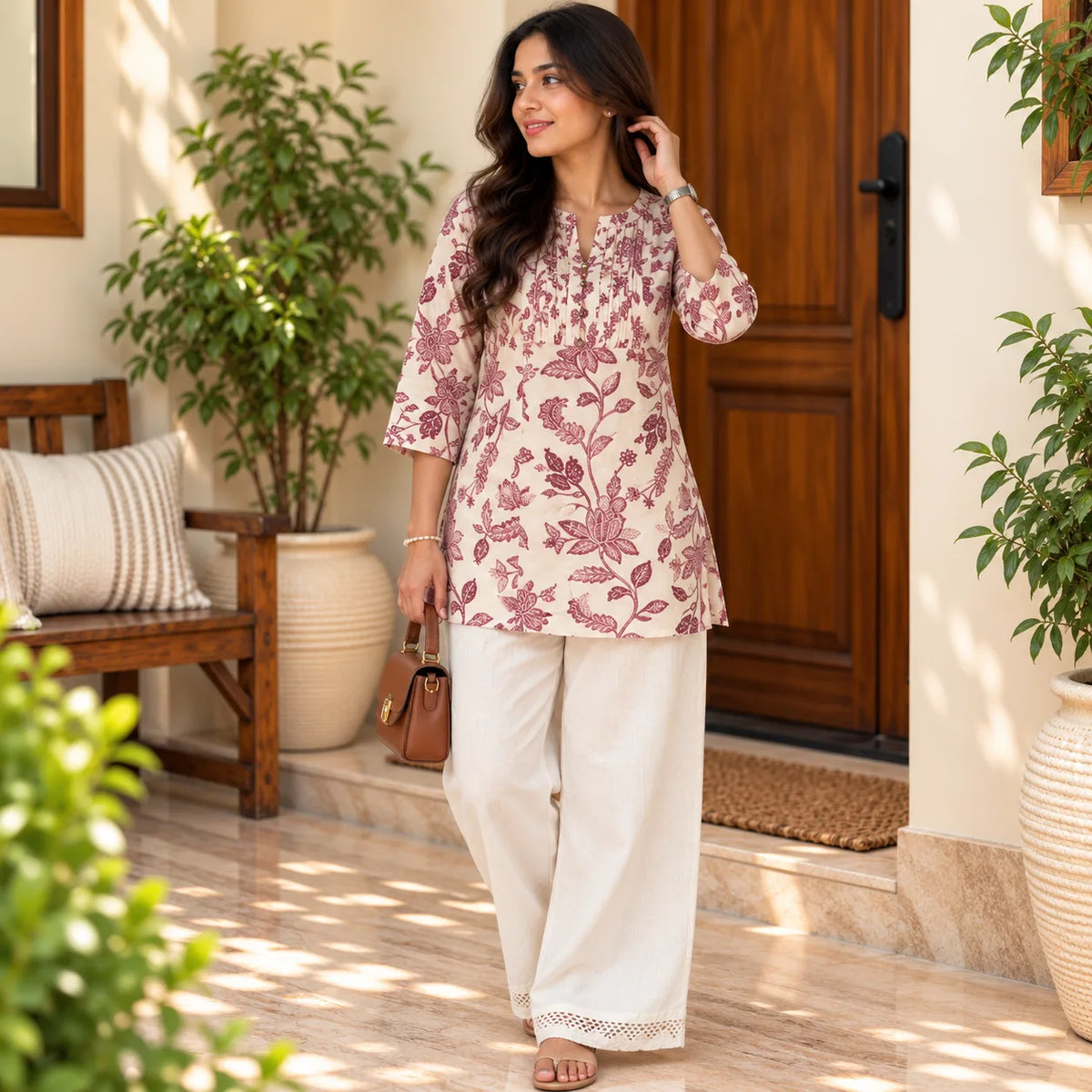 Plum Blossom Floral Pintuck Short Kurti for Women