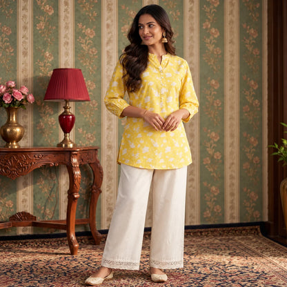 Sunshine Yellow Floral Bamboo Silk Short Kurti for Women