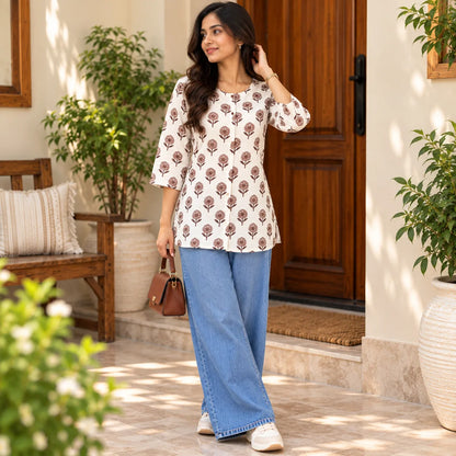 Ivory Bloom Brown Floral Printed Short Kurti for Women