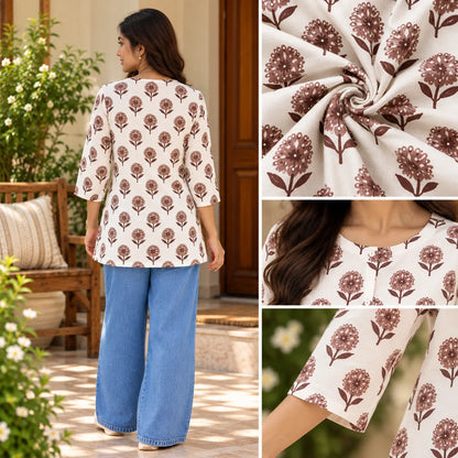 Ivory Bloom Brown Floral Printed Short Kurti for Women