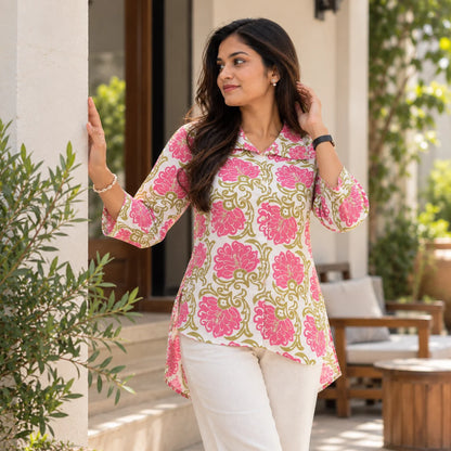 Pink Floral Printed Poly Rayon High-Low Short Kurti for Women