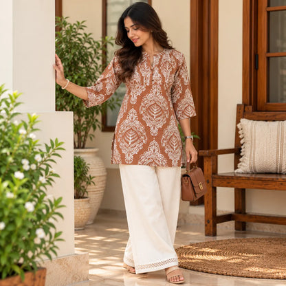 Mocha Muse Brown Printed Pintuck Short Kurti for Women