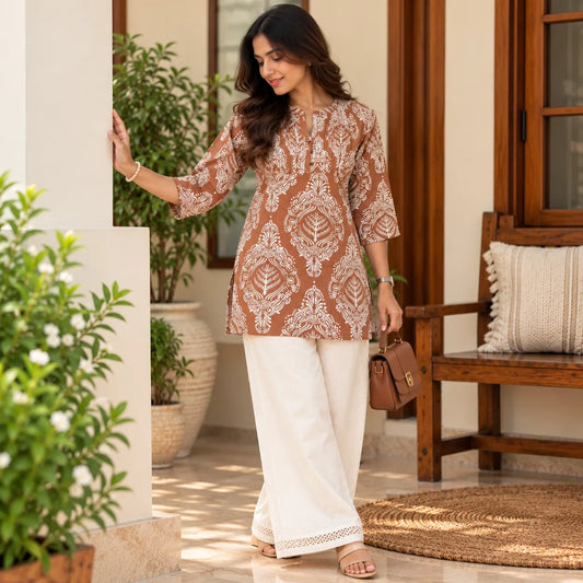 Mocha Muse Brown Printed Pintuck Short Kurti for Women