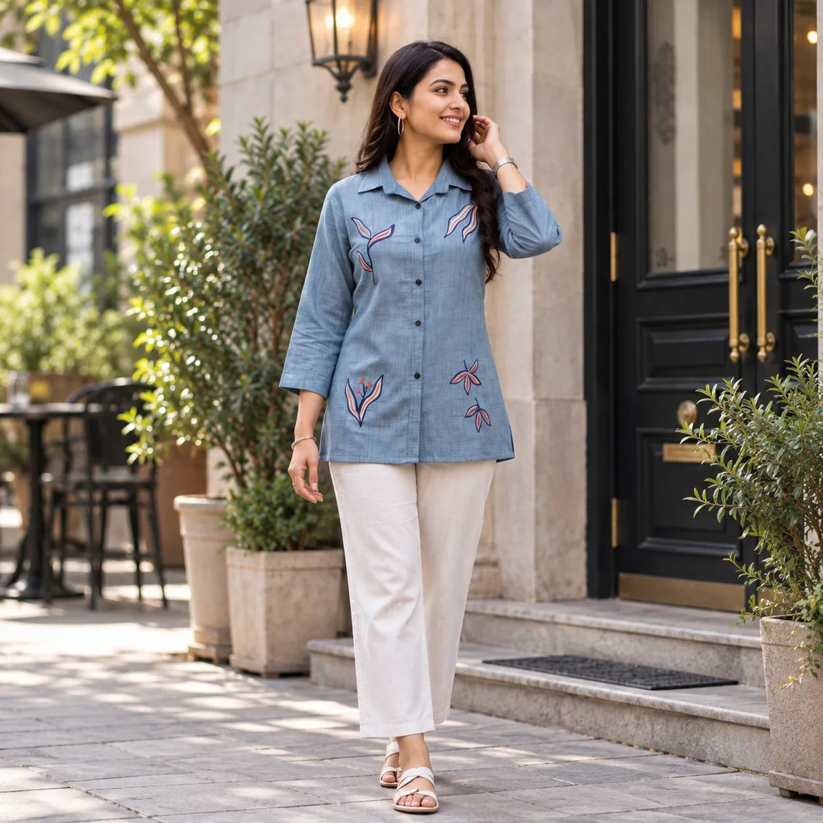 Blue Embroidered Weaving Rayon Short Kurti for Women