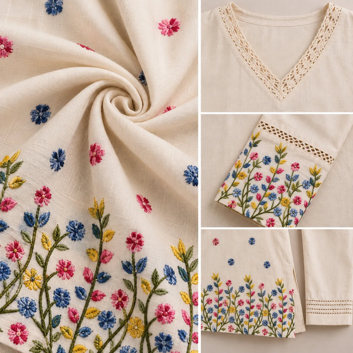 Ivory Floral Embroidered Flex Cotton Co-ord Set for Women