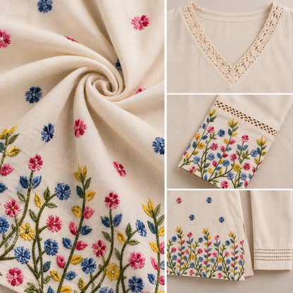 Ivory Floral Embroidered Flex Cotton Co-ord Set for Women