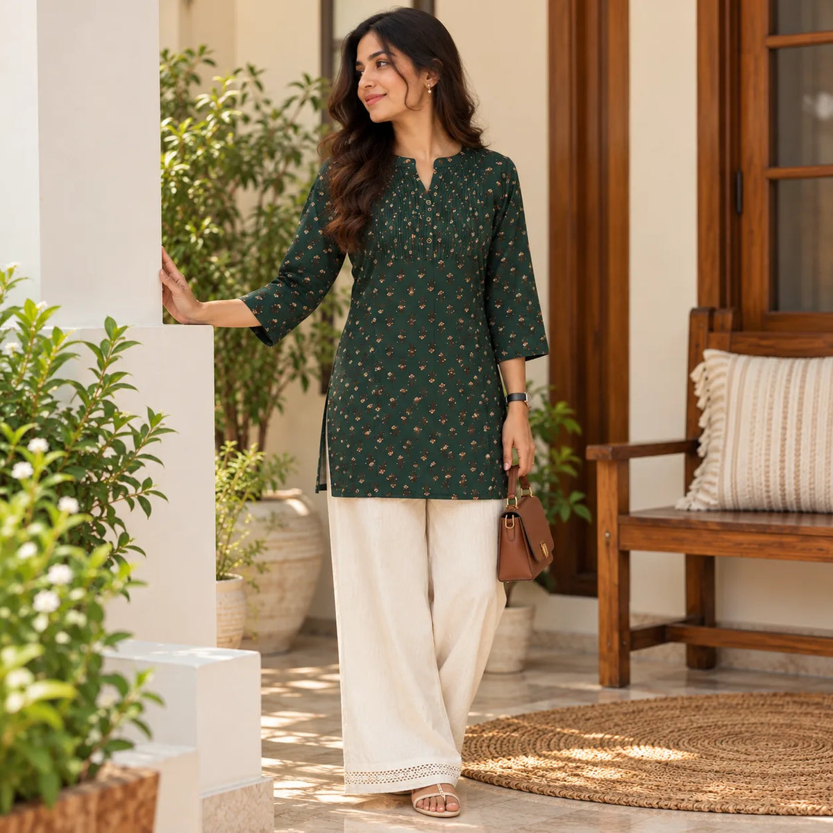Emerald Grace Pintuck Printed Short Kurti for Women