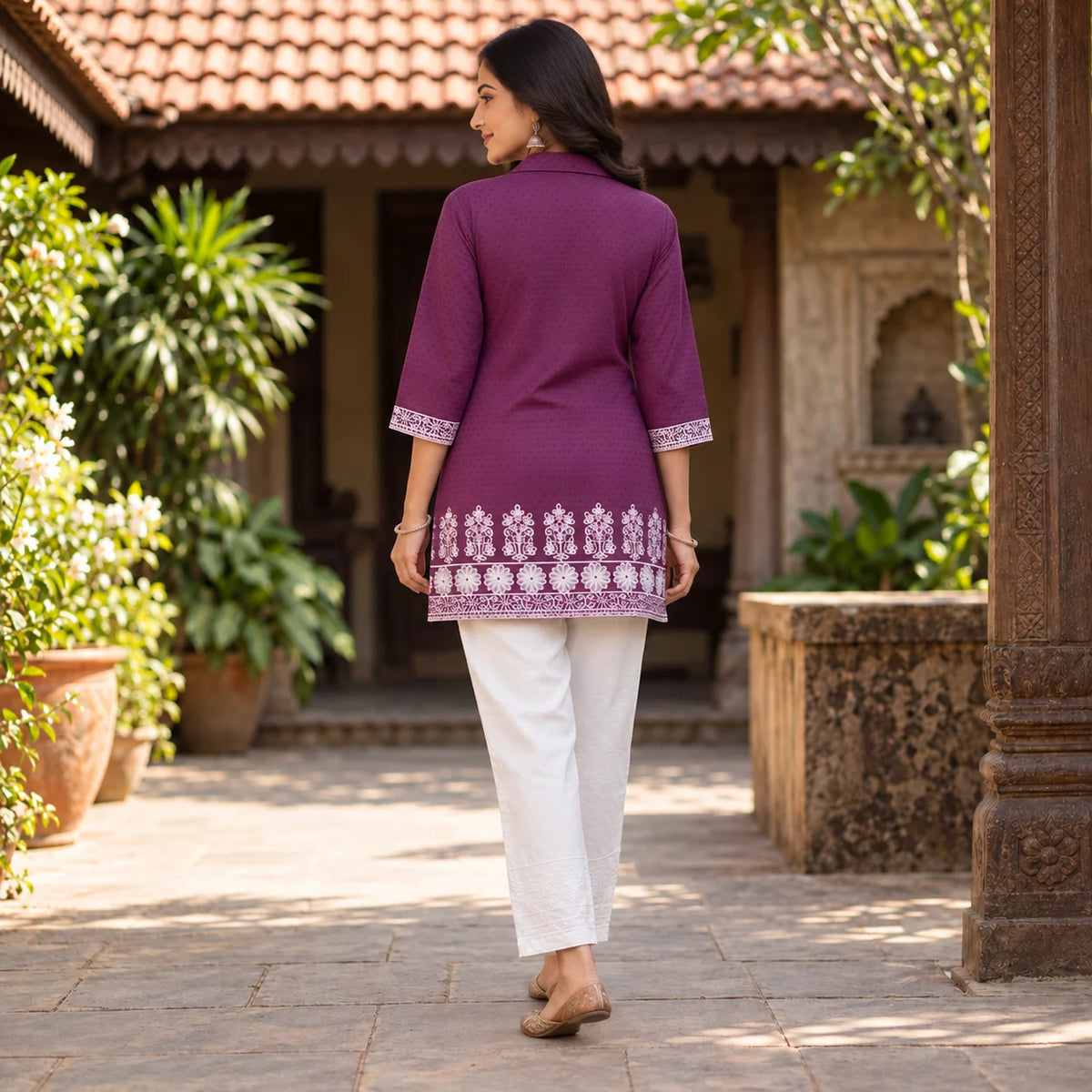 Plum Purple Handloom Cotton Embroidered Short Kurti for Women
