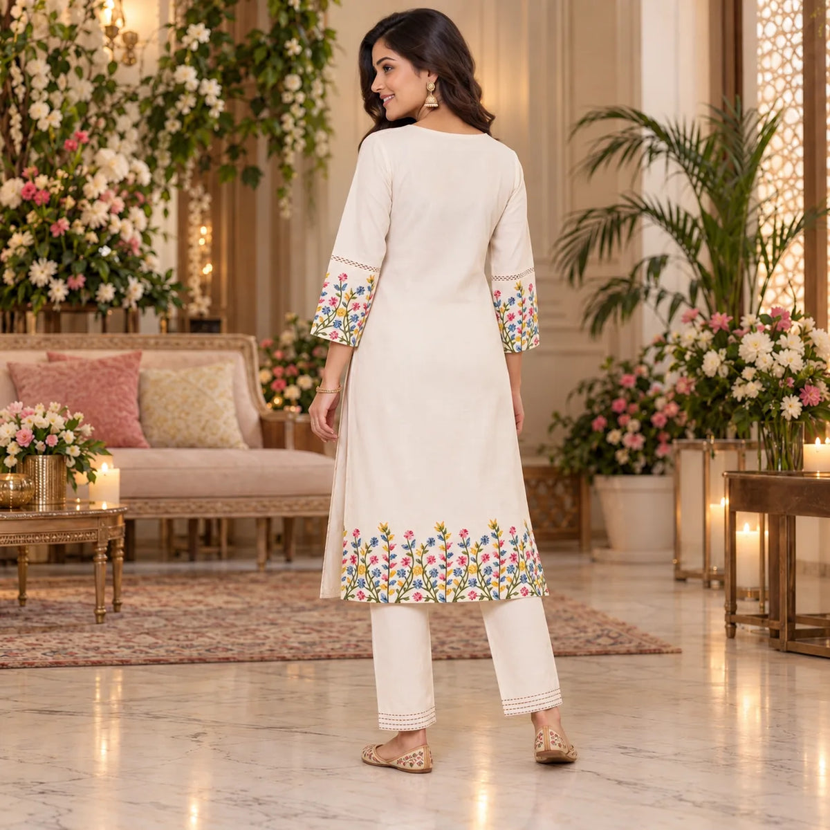 Ivory Floral Embroidered Flex Cotton Co-ord Set for Women
