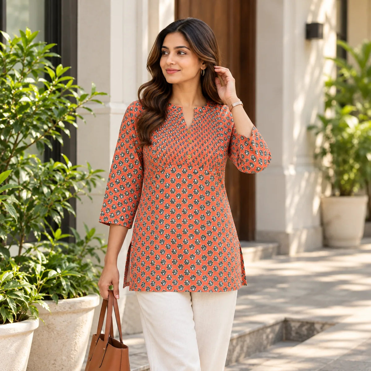 Terracotta Printed Poly Rayon Short Kurti for Women