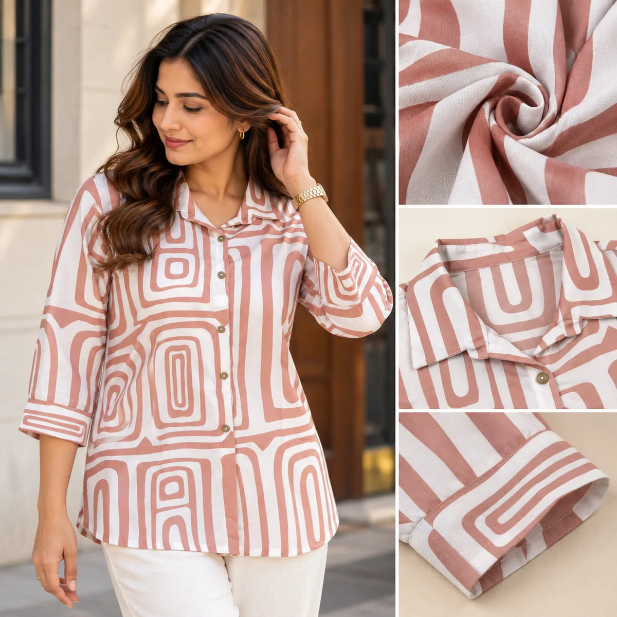 Dusty Rose Geometric Print Poly Rayon Short Kurti for Women