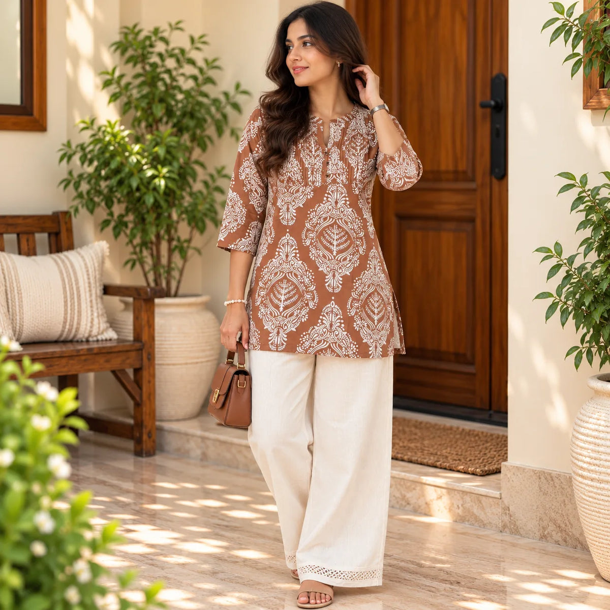 Mocha Muse Brown Printed Pintuck Short Kurti for Women