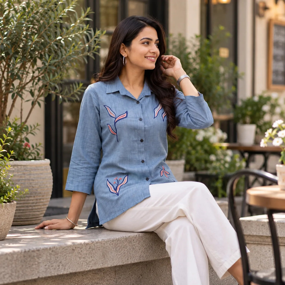 Blue Embroidered Weaving Rayon Short Kurti for Women