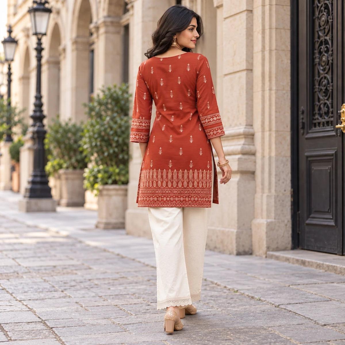 Rust Dabu Print Cotton Short Kurti for Women