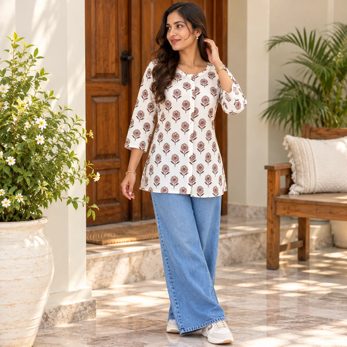 Ivory Bloom Brown Floral Printed Short Kurti for Women