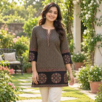 Black Chevron Printed Short Kurti for Women