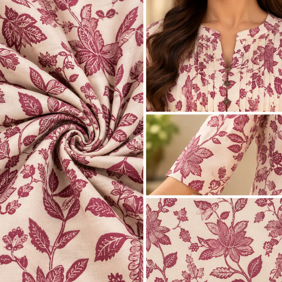 Plum Blossom Floral Pintuck Short Kurti for Women