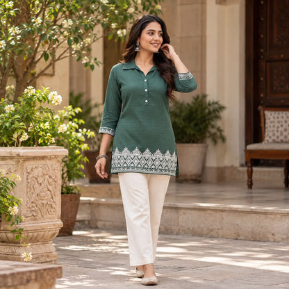 Forest Green Handloom Cotton Embroidered Short Kurti for Women