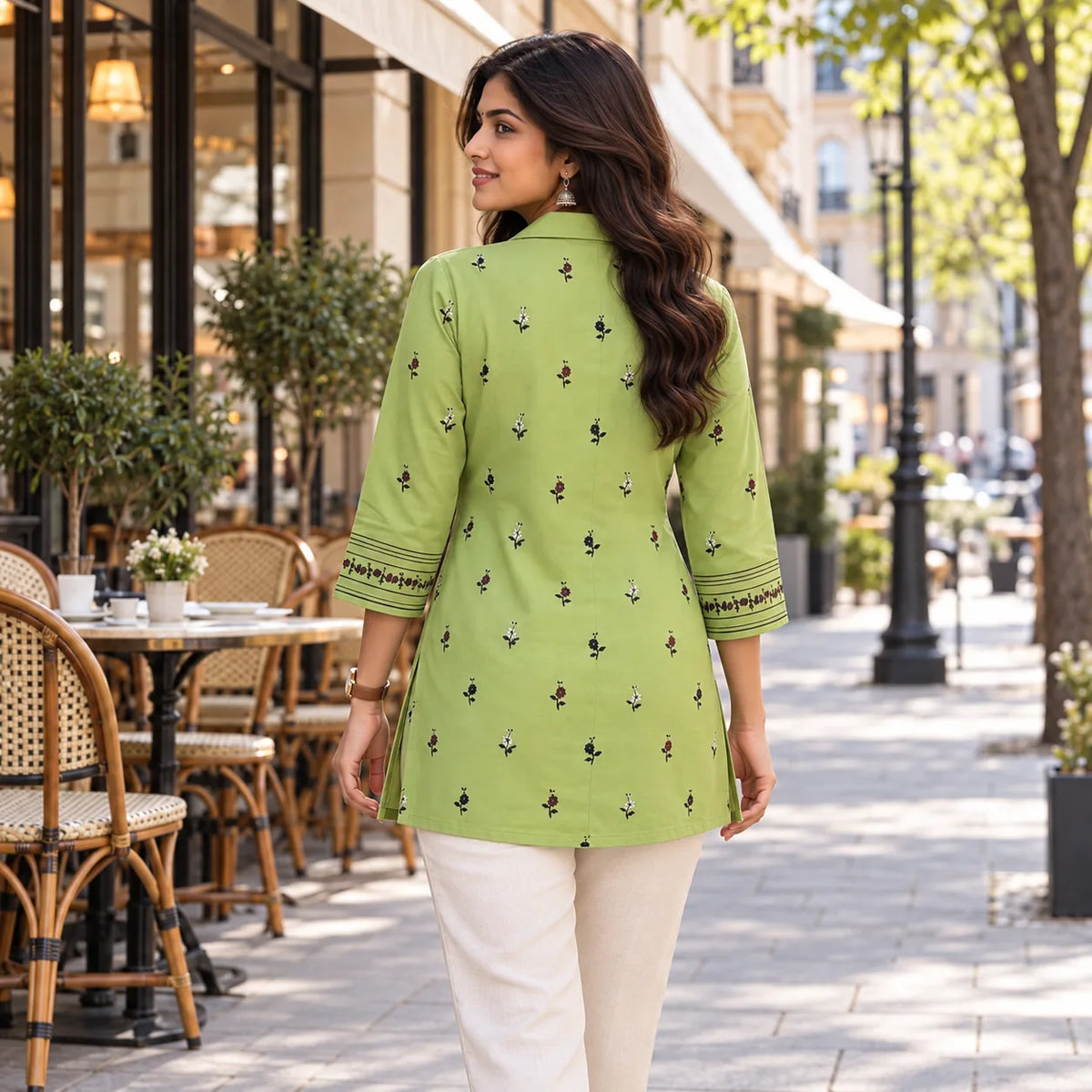 Pista Green Shimmer Rayon Embroidered Short Kurti for Women