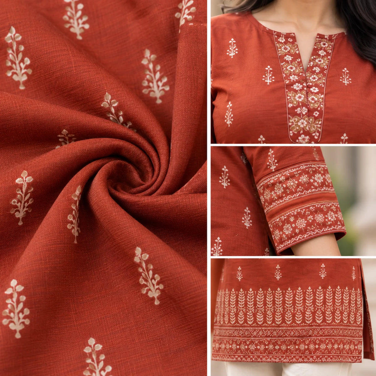 Rust Dabu Print Cotton Short Kurti for Women