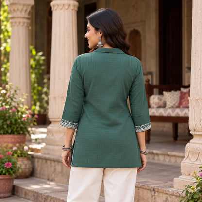 Forest Green Handloom Cotton Embroidered Short Kurti for Women