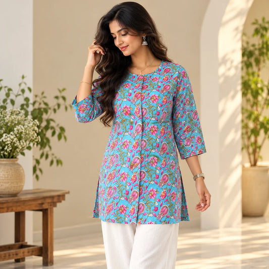 Aqua Bloom Printed Short Kurti for Women