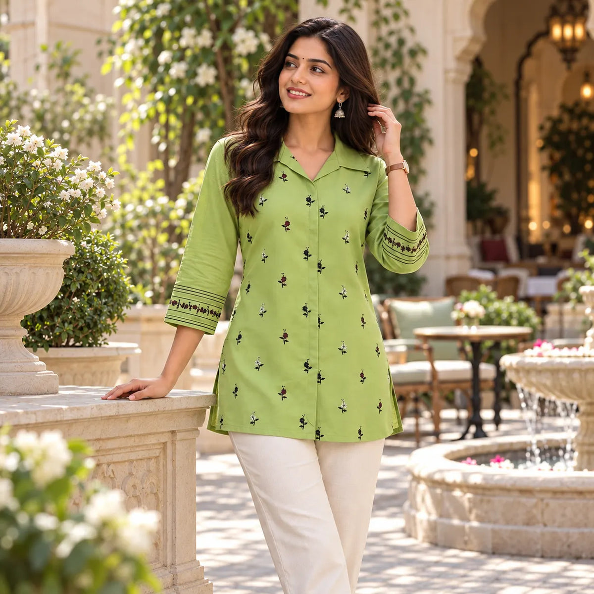Pista Green Shimmer Rayon Embroidered Short Kurti for Women