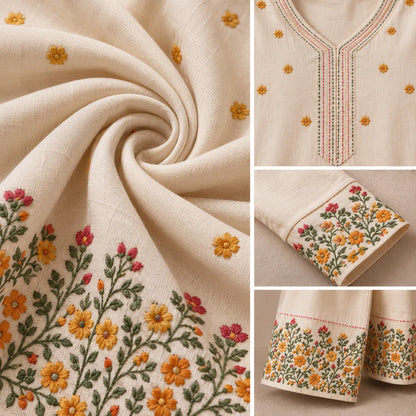 Ivory Khadi Cotton Embroidered Kurti & Palazzo Co-ord Set for Women