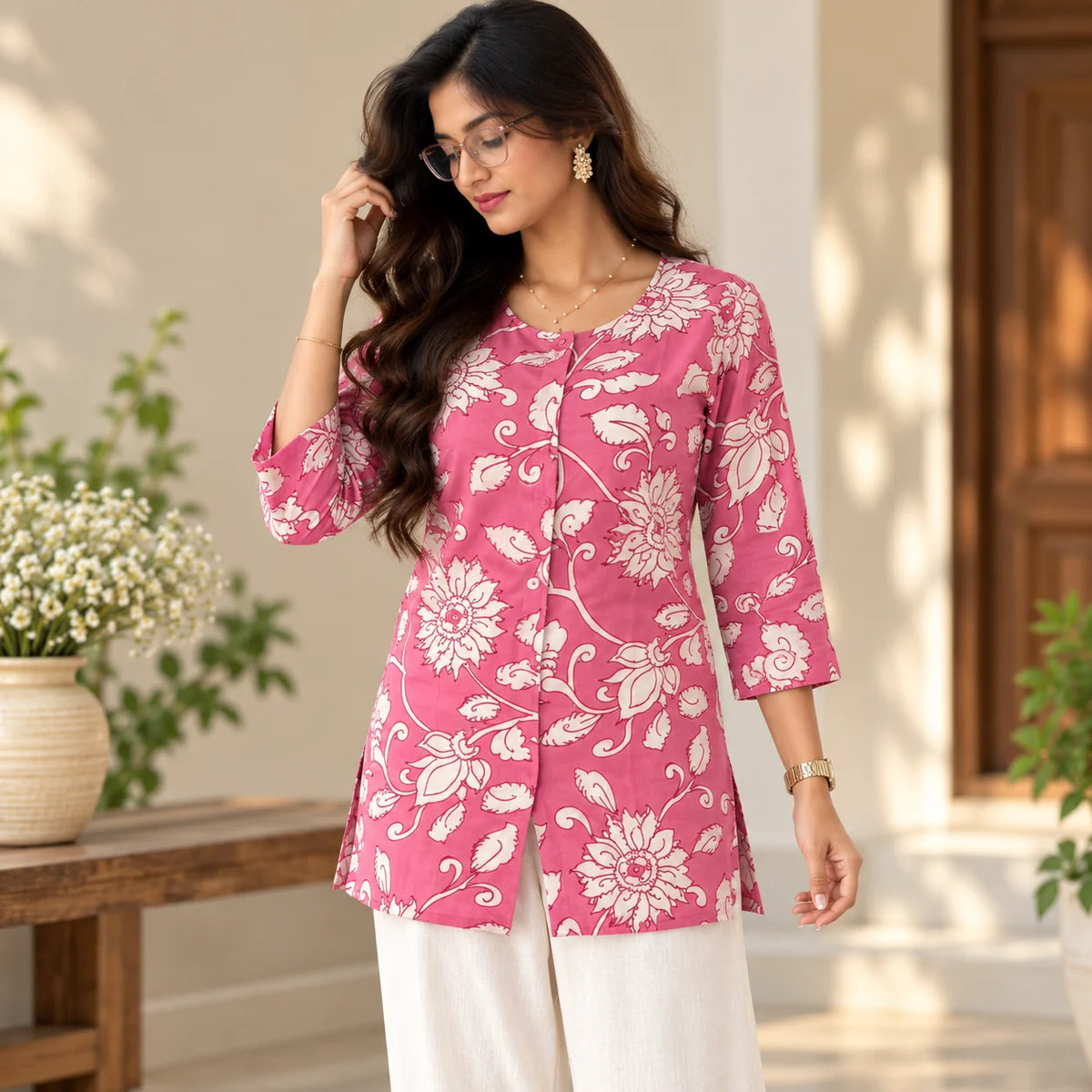 Rose Bloom Pink Floral Printed Short Kurti for Women