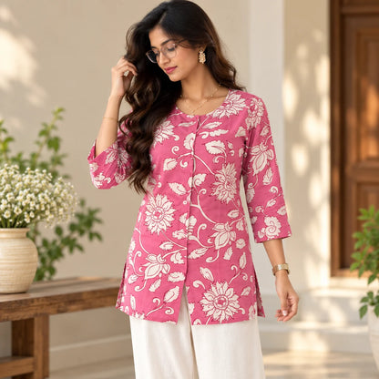 Rose Bloom Pink Floral Printed Short Kurti for Women