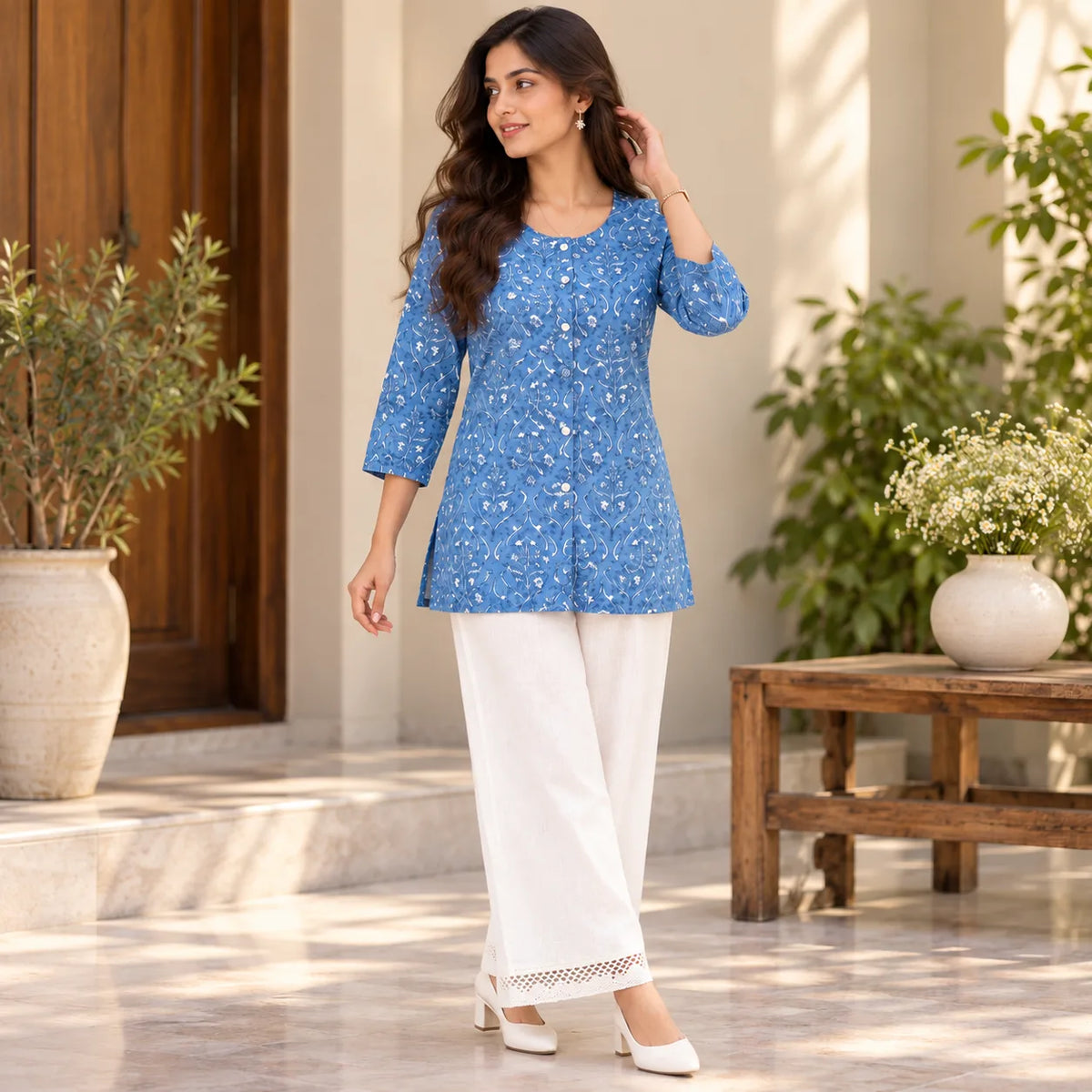 Blue Bloom Floral Printed Short Kurti for Women