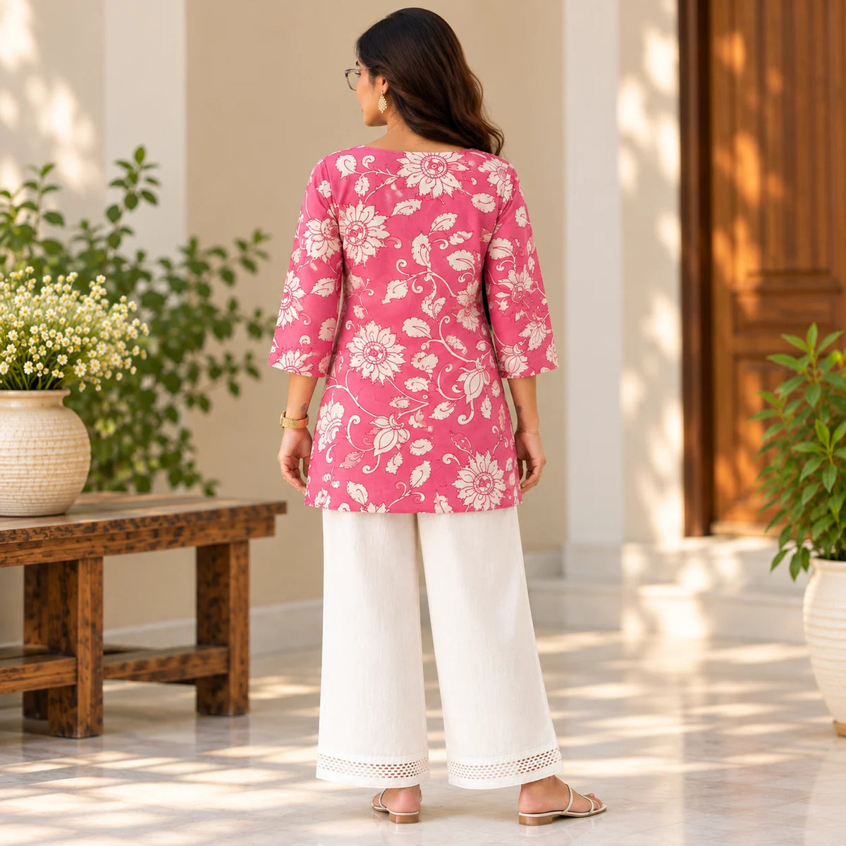 Rose Bloom Pink Floral Printed Short Kurti for Women