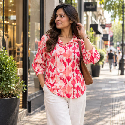 Pink Geometric Print Poly Rayon Short Kurti for Women